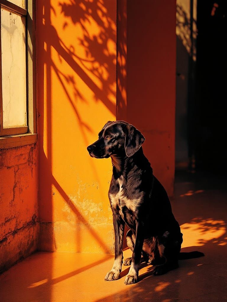 Dog Bathed in Warm Sunlight and Shadow Geometry