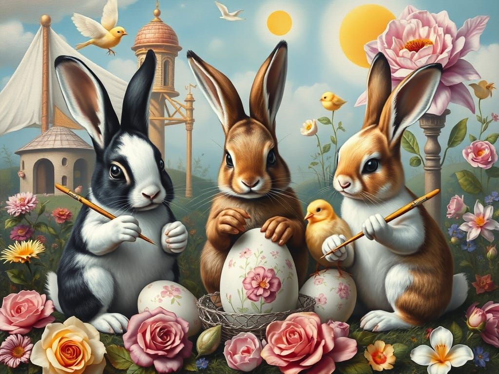Bunnies and Chicks Painting Easter Eggs in Surreal Style