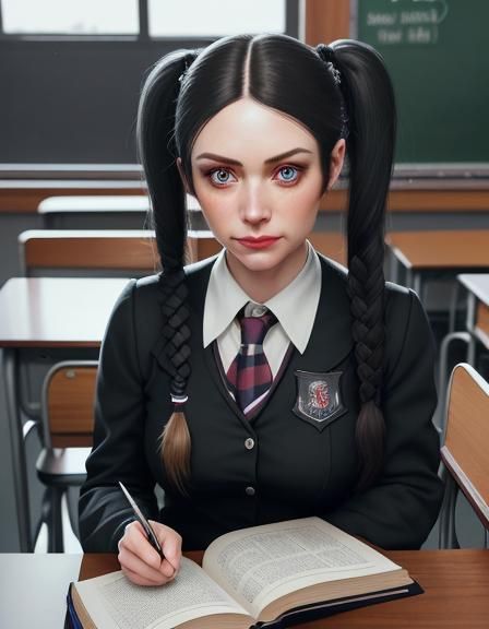 Girl with pigtails sitting behind desk wearing a magic school uniform