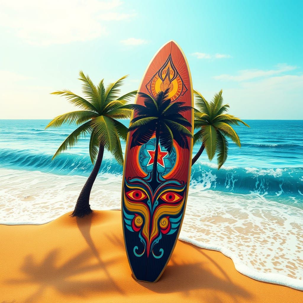 Epic Surf Board Scene with Coconut Palms and Vibrant Designs