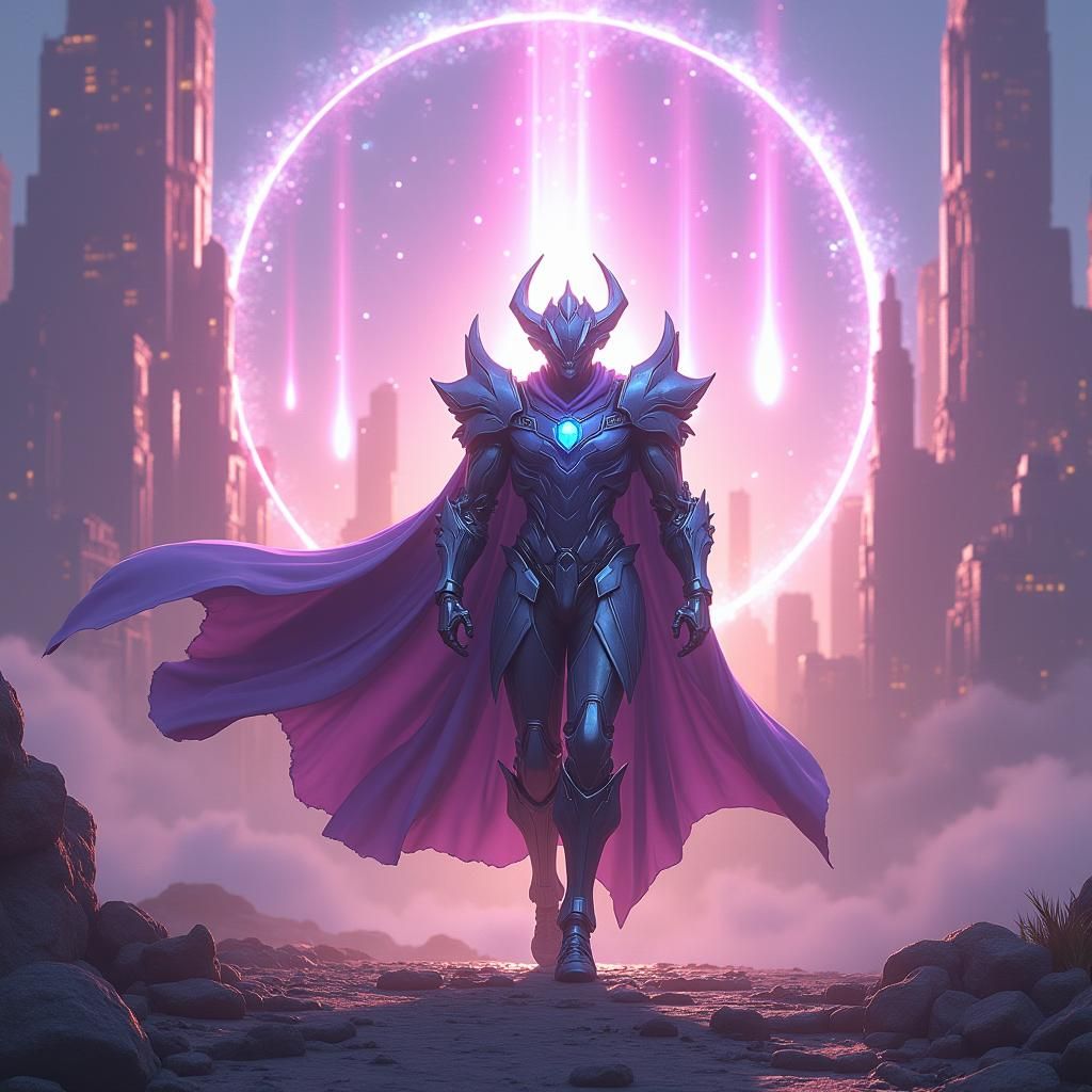 Armored Warrior Blind Fury in Ethereal Cityscape