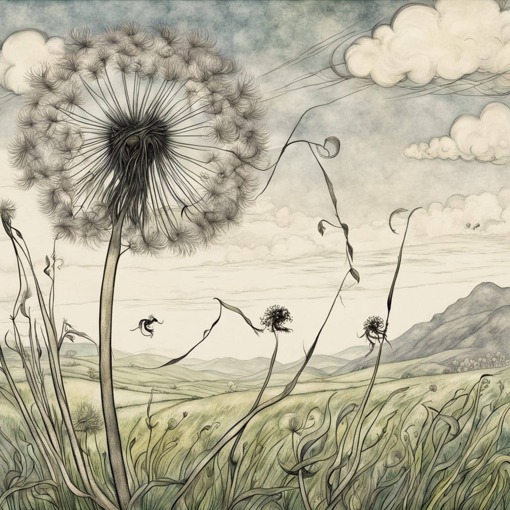 Dandelion Seeds Drifting on the Breeze: Dark Fantasy Art