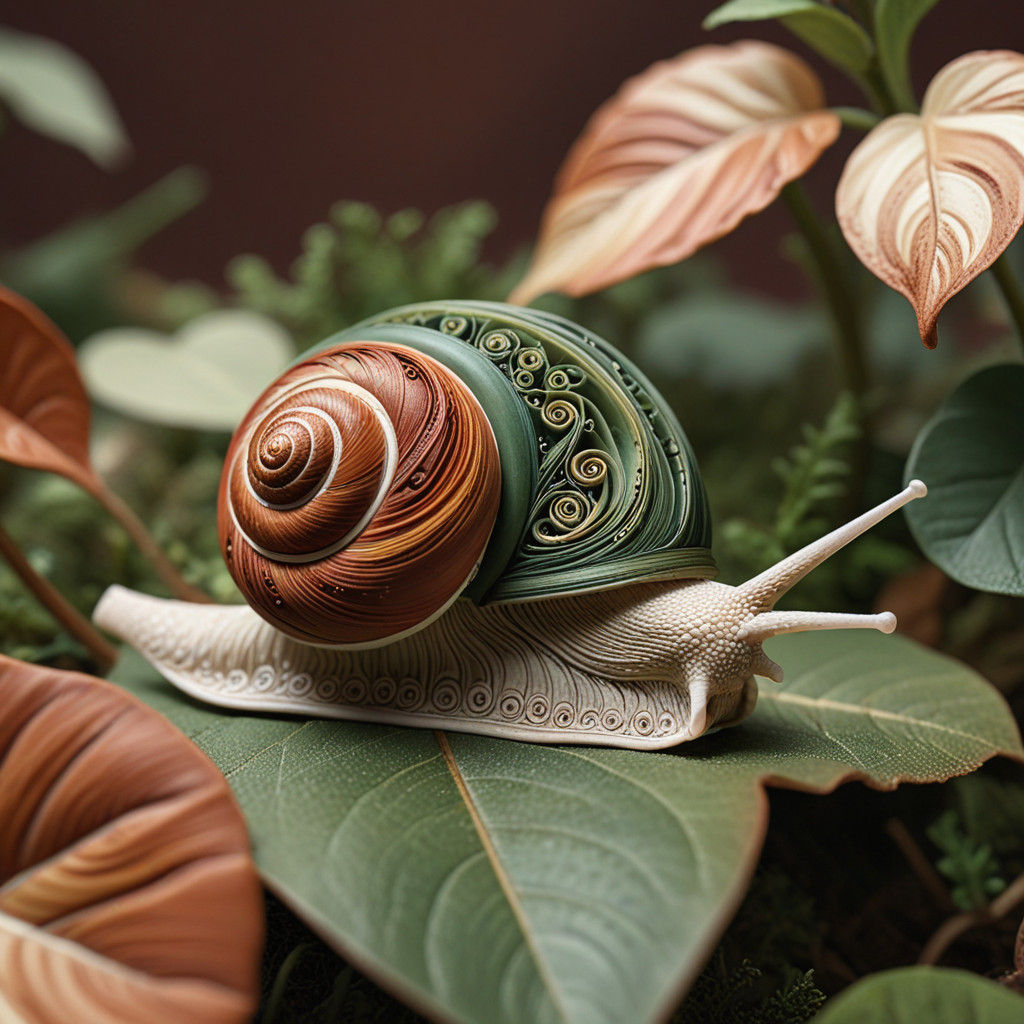 Snail Ascending a Leaf in Quilling-Inspired Macro Photograph...