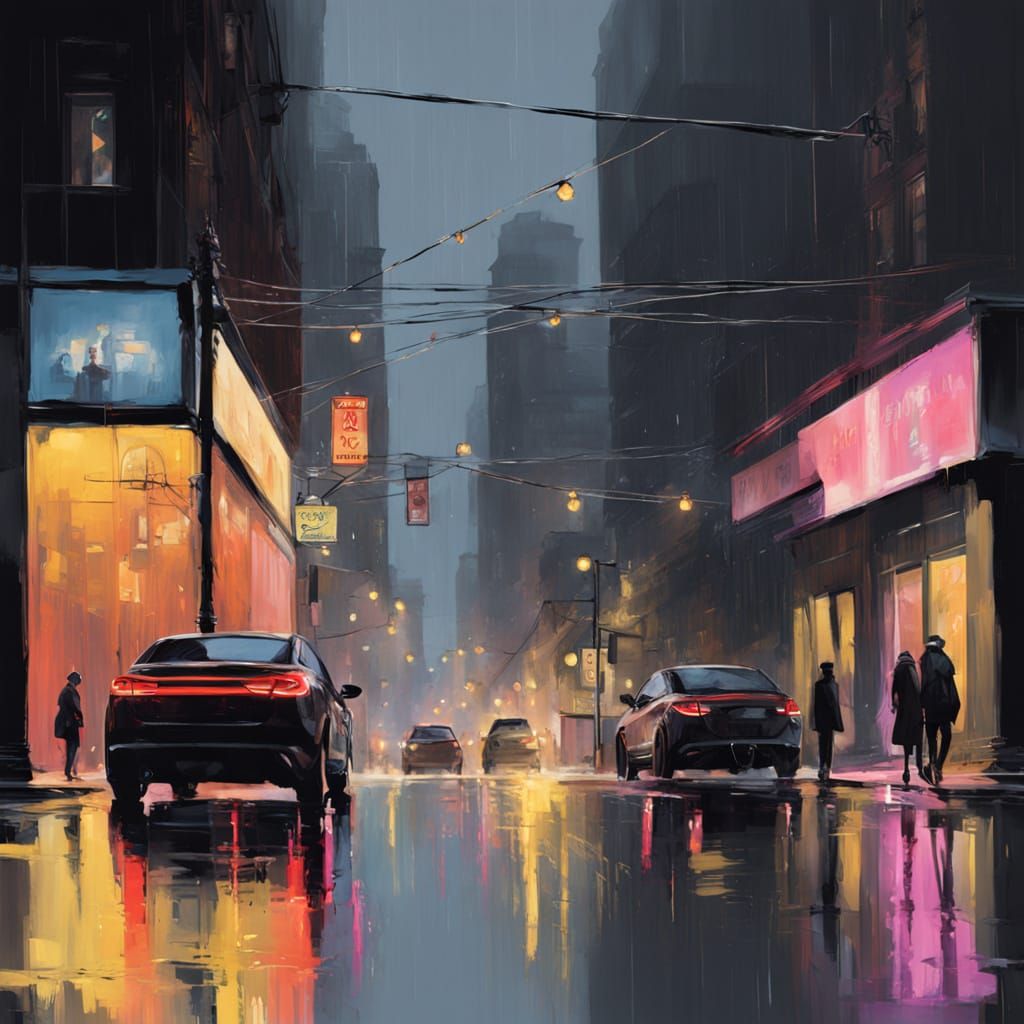 Rainy Cityscape Reflection in Mixed Media Style