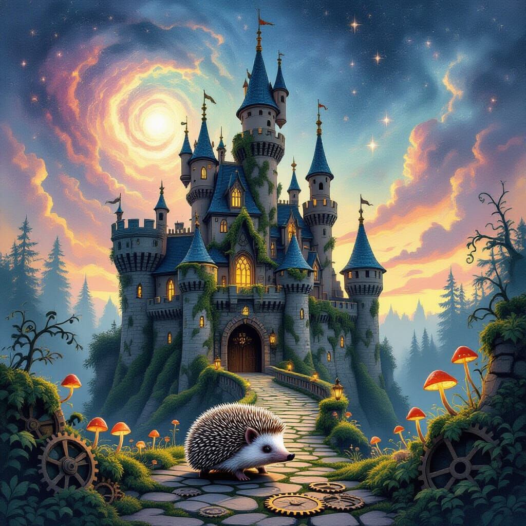 Ancient Castle and Hedgehog in Nebula Twilight