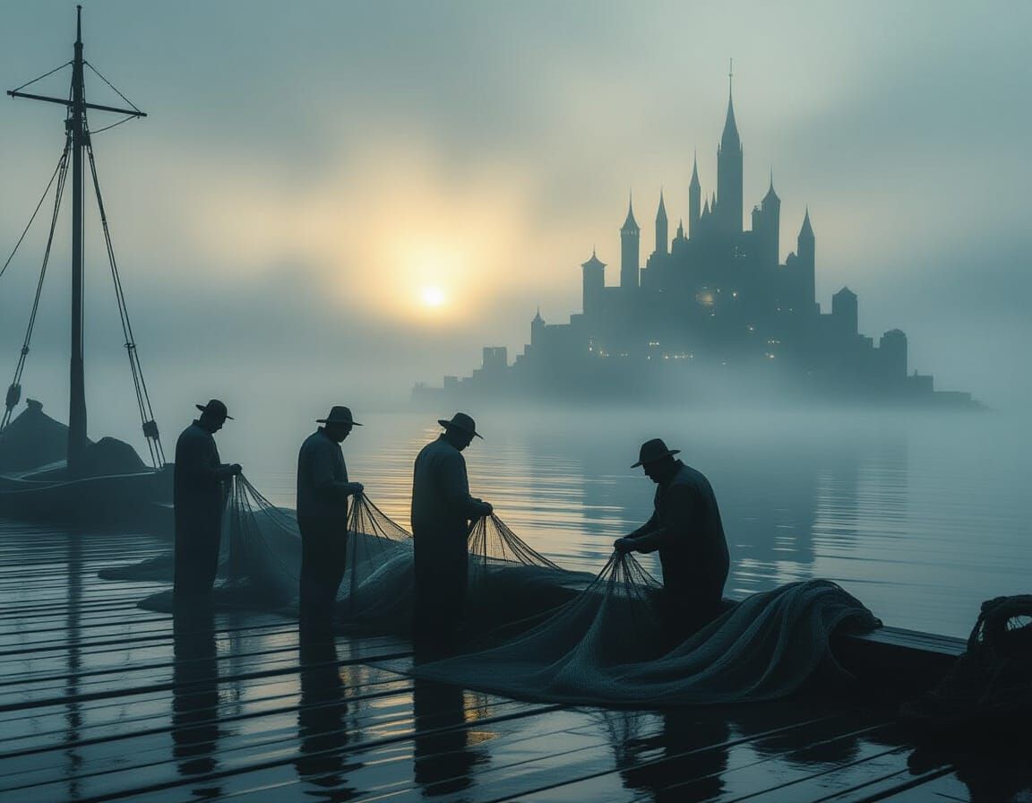 Fishermen Mending Starlight Nets on Foggy Pier at Dawn