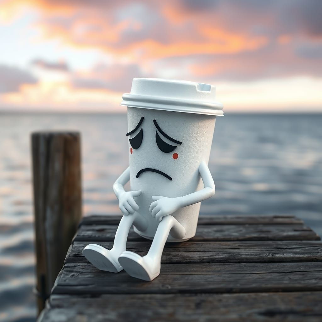 Disillusioned Coffee Cup on Wooden Dock