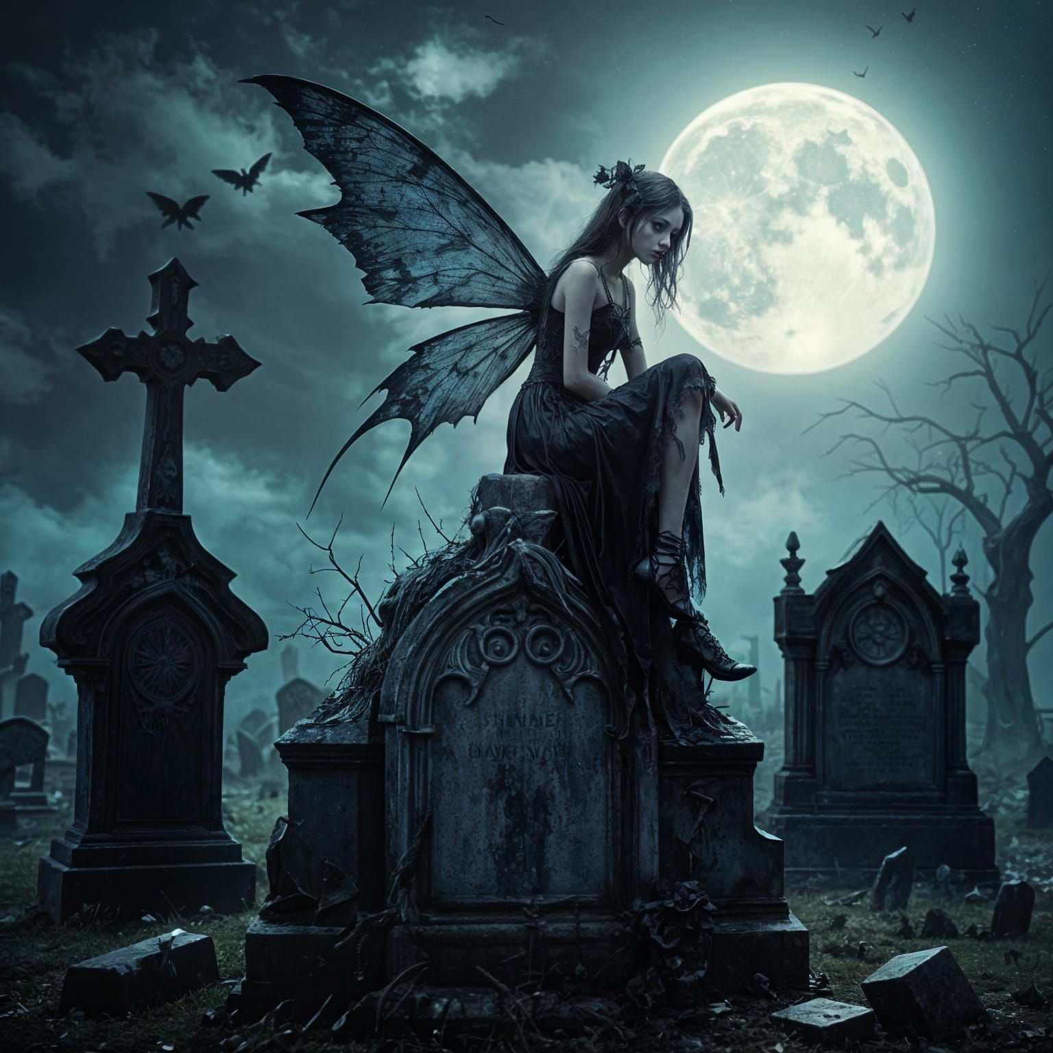 Gothic Fairy Guardian of the Moonlit Cemetery