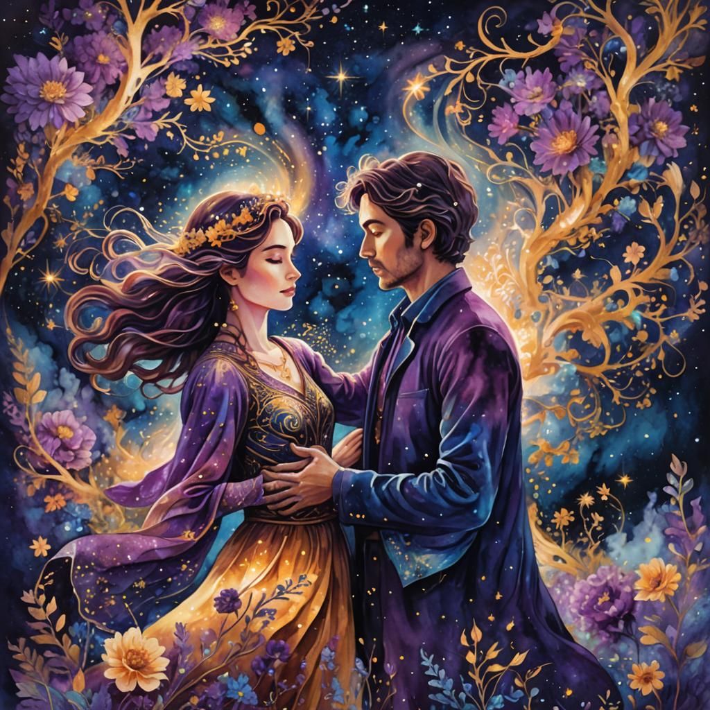 Cosmic Astral Illustration of Entwined Lovers