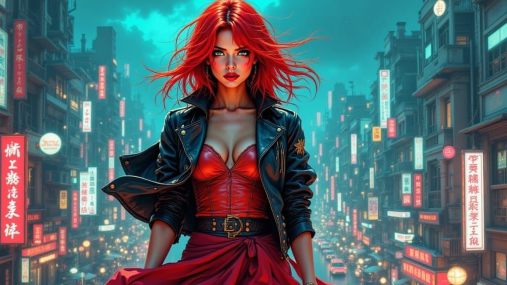 Fiery Anime Heroine in Dystopian Cityscape