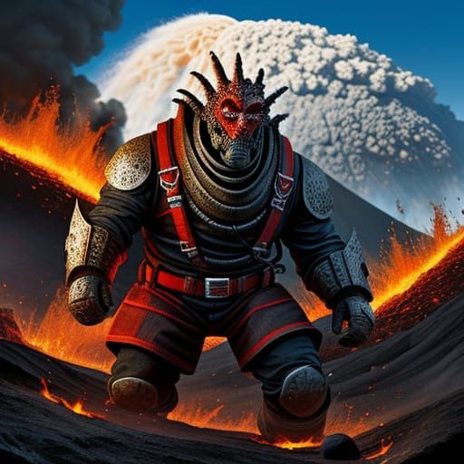 Hyper Realistic Fire Man in Volcanic Landscape