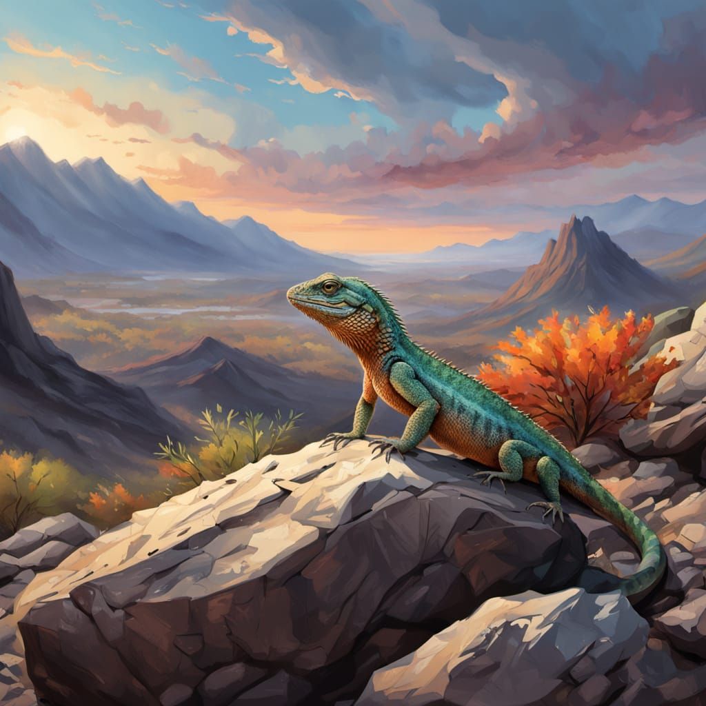 Lizard on Rocky Slope in Digital Painting Style