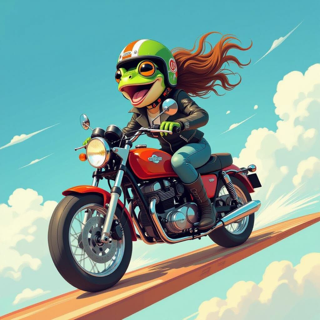 Frog Girl Motorcycle Ride in the Sky