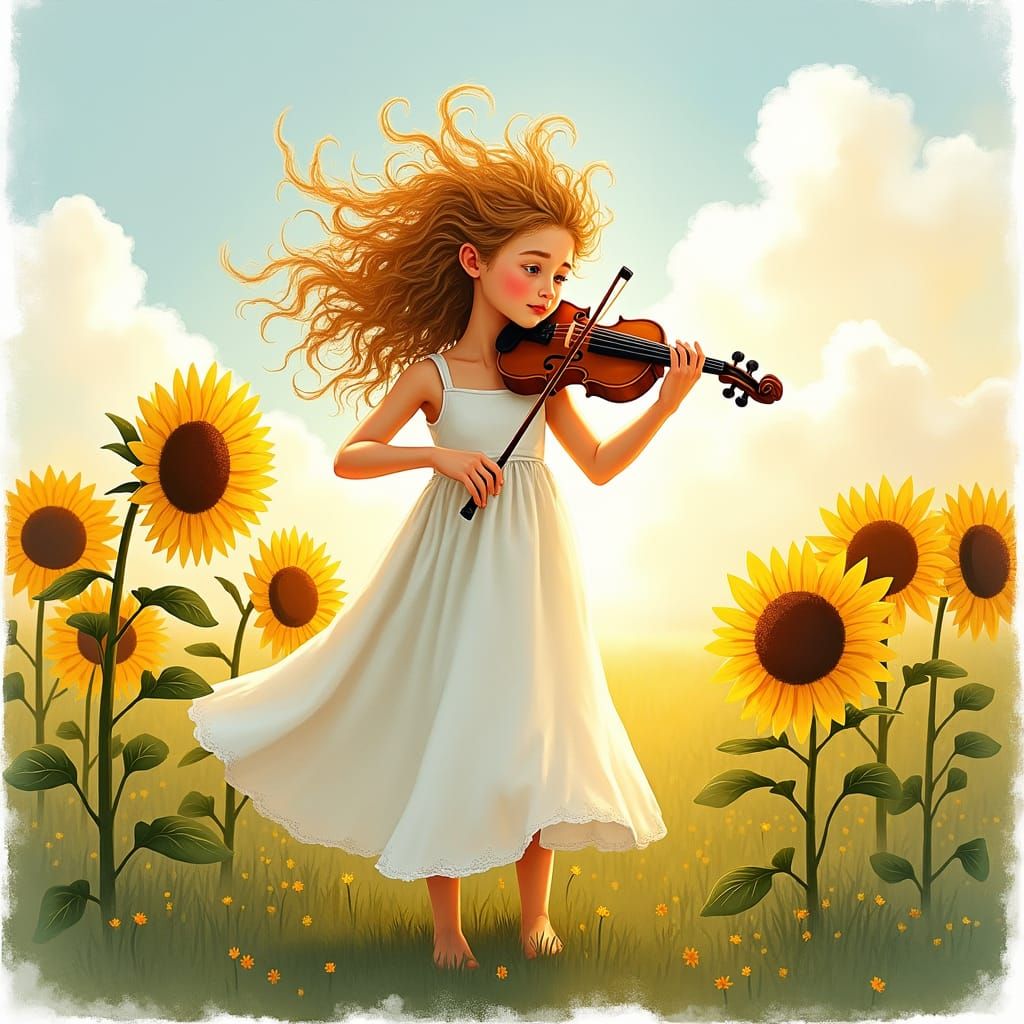 Centauride Playing Fiddle in Sunflower Field Watercolor