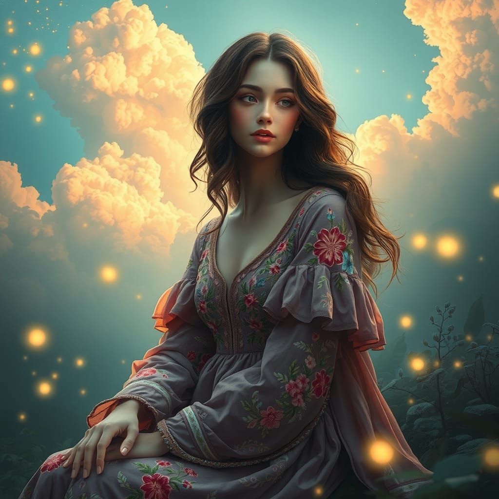 Dreamlike Portrait of Woman in Floral Dress