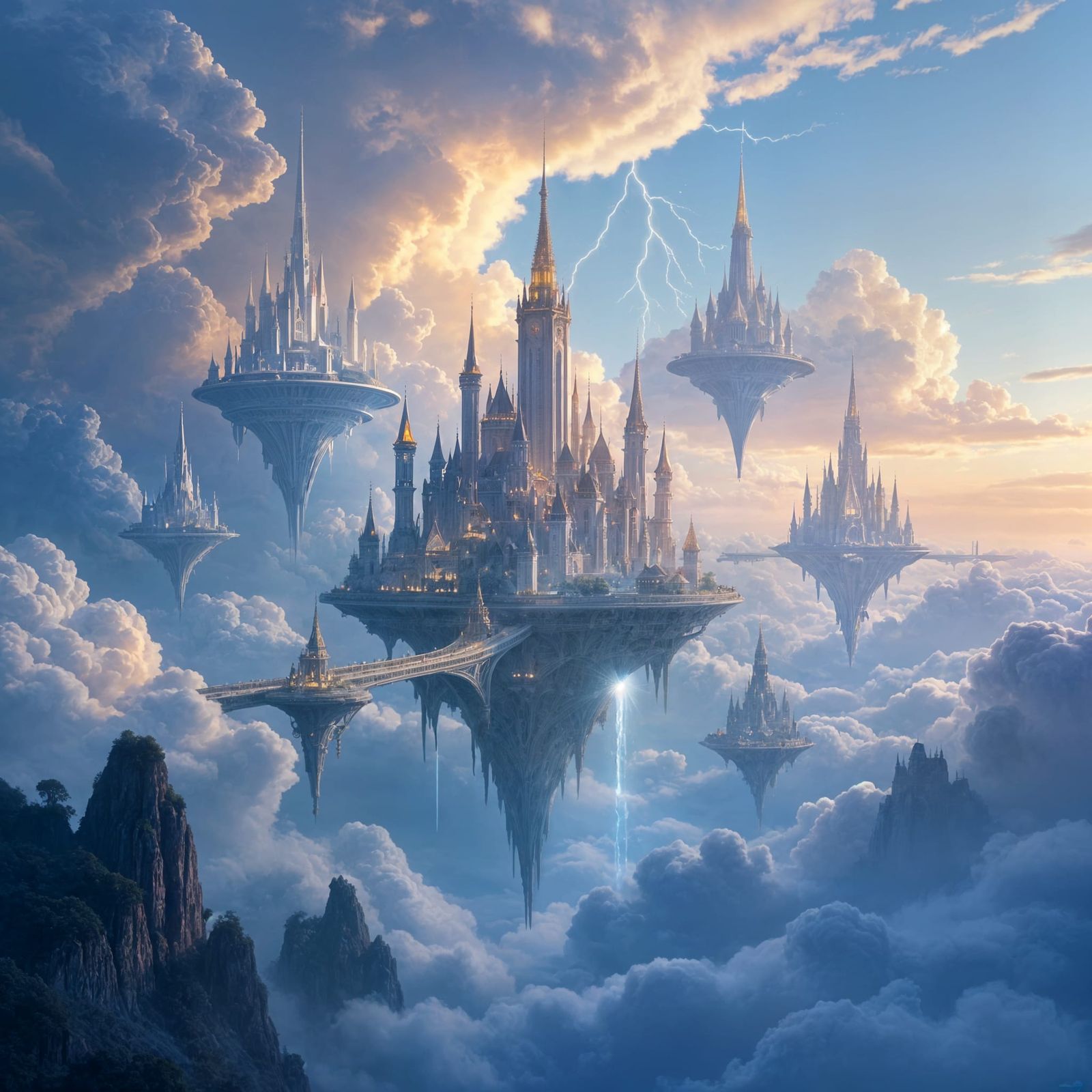 Majestic Floating Cities Above Clouds in Cinematic Style