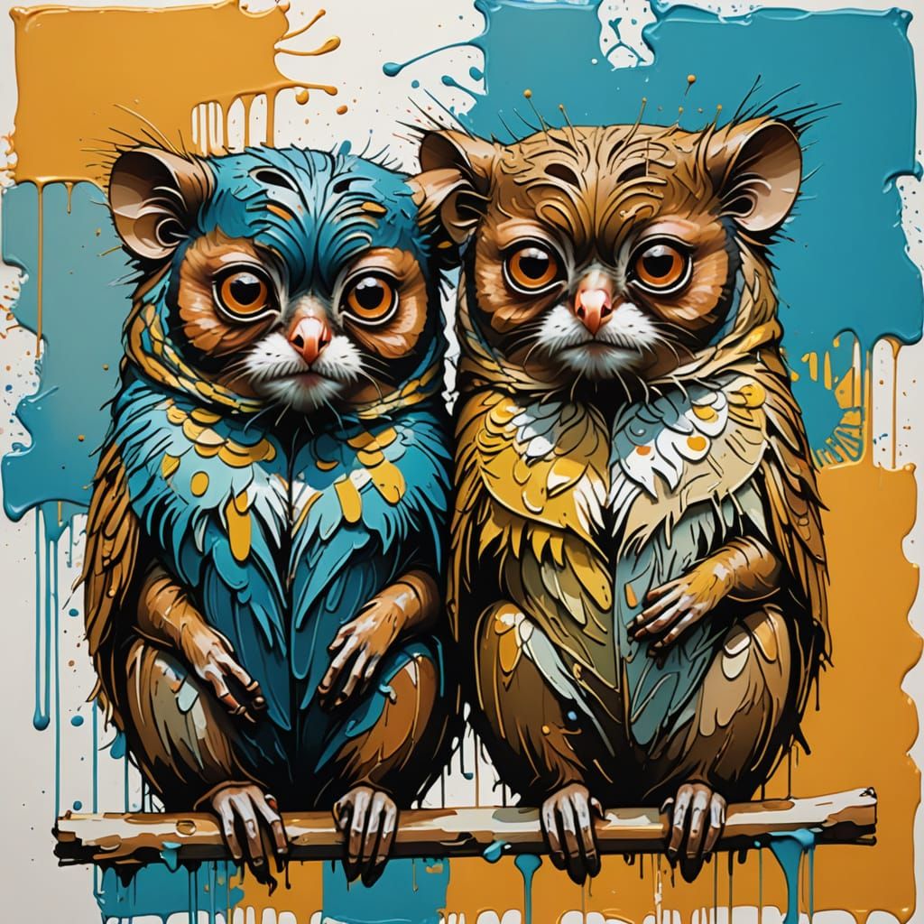 Royal Tarsiers in Vibrant Cy Twombly-Inspired 3D Illusion