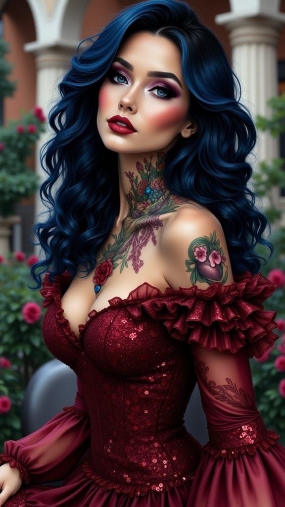 Classic Burgundy Evening Gown with Intricate Fantasy Details