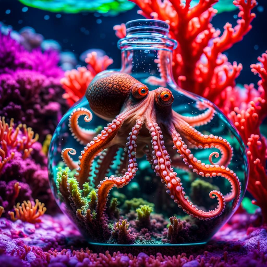 Octopus Camouflaged in Neon Coral Reef Aquarium