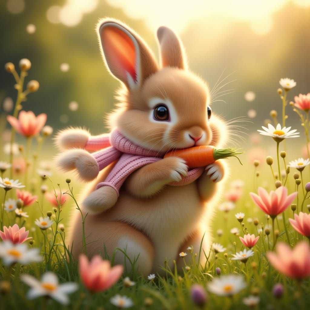 Fluffy Bunny in Meadow at Sunrise