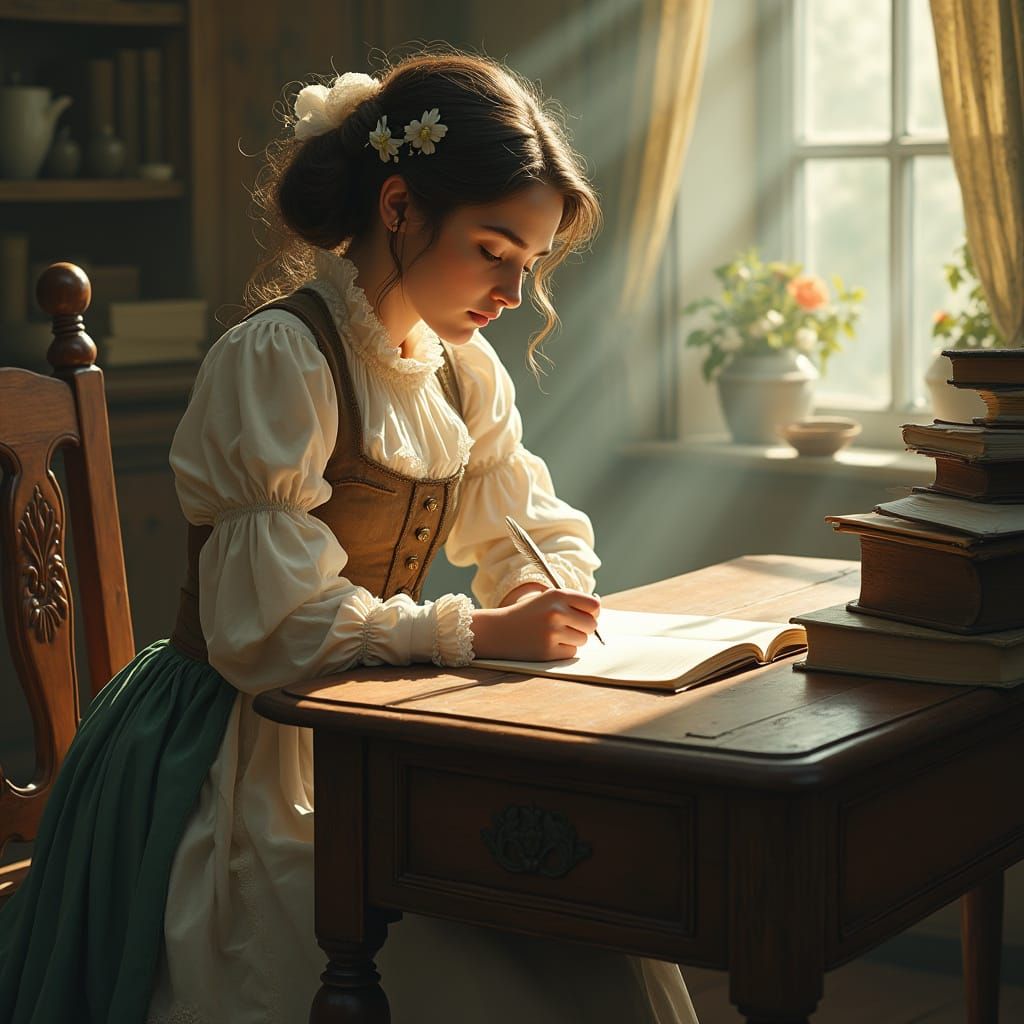 Victorian Woman Writes Letter in Dreamy Setting