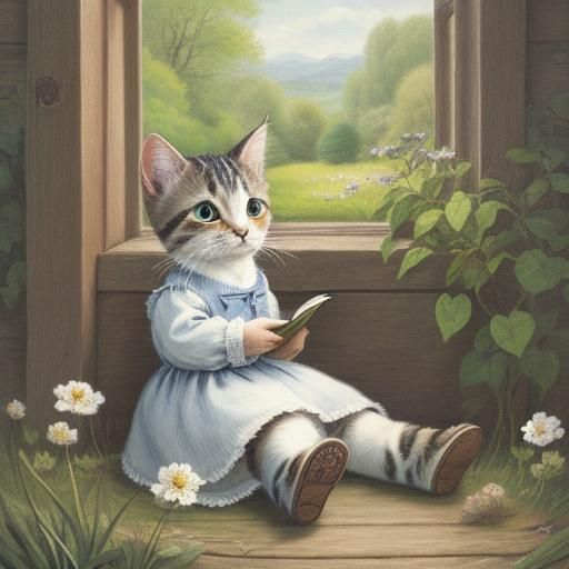 Kitten in Storybook Illustration, Beatrix Potter Style