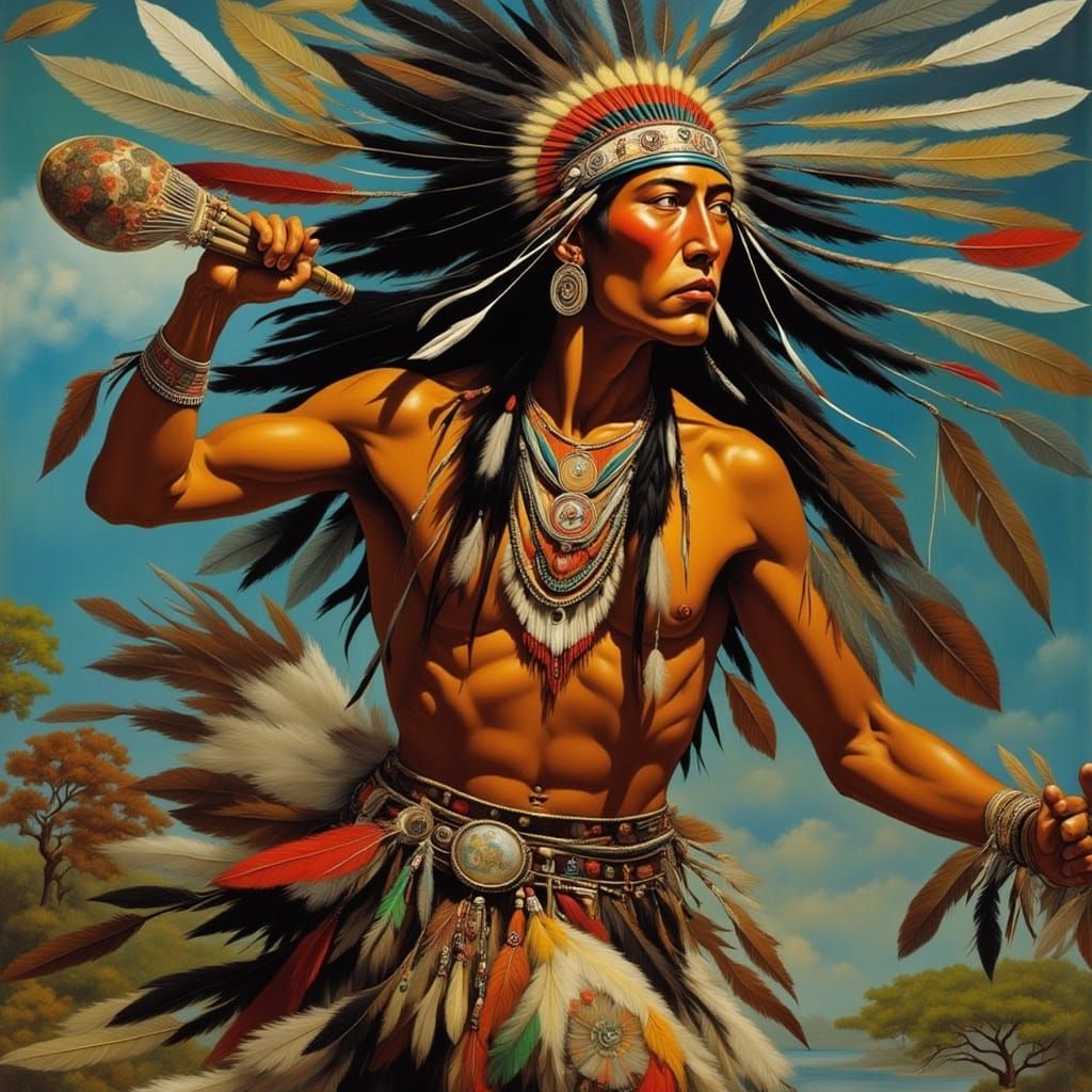 Native American Drummer Dancing in Vibrant Fantasy Landscape