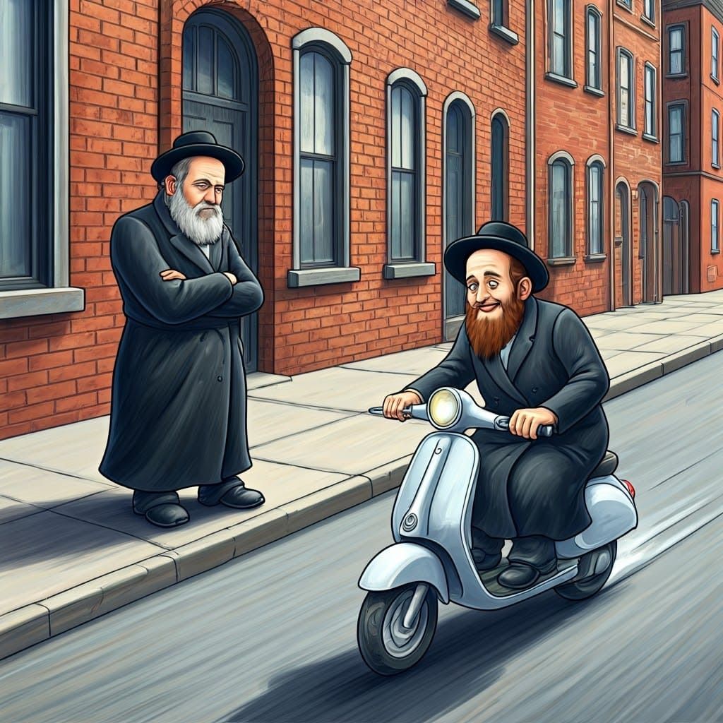 Serious Hasidic Man Surprised by Joy of Riding a Scooter
