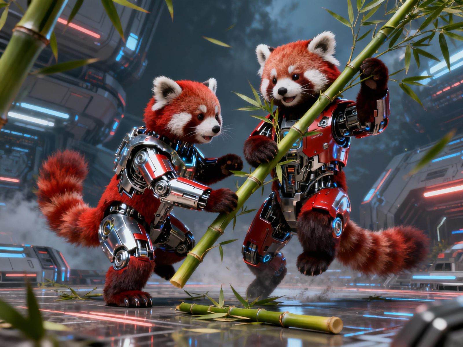 Red Pandas with Mech Details in Sci-Fi Environment