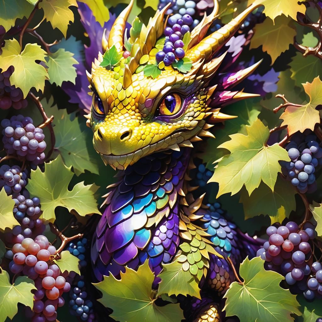 Dragon and Grapes: Whimsical Macro Oil Painting