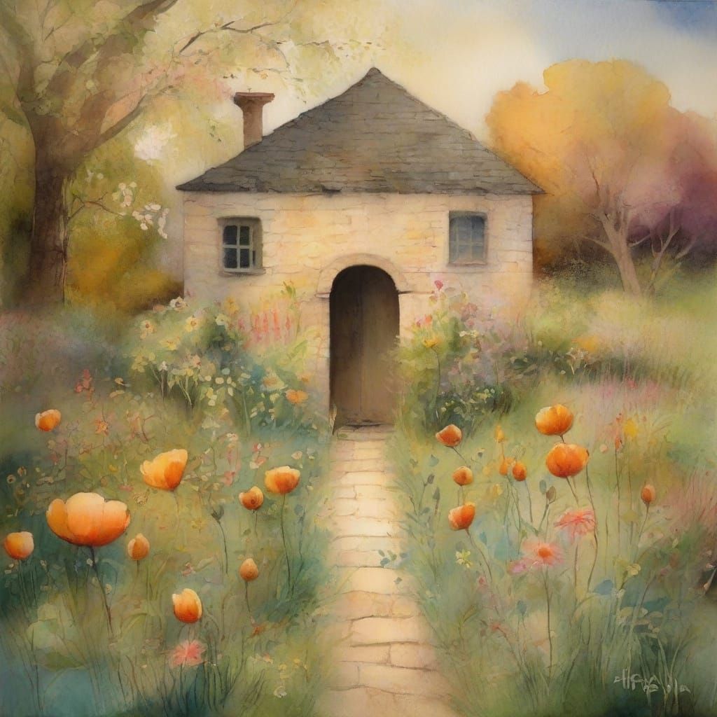 Dreamy Watercolor Garden Building with Vibrant Flowers