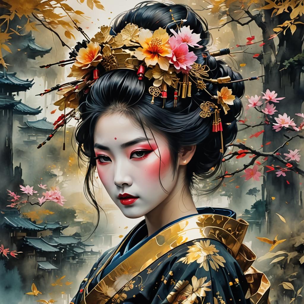 Geisha Portrait in Japanese Fantasy Landscape