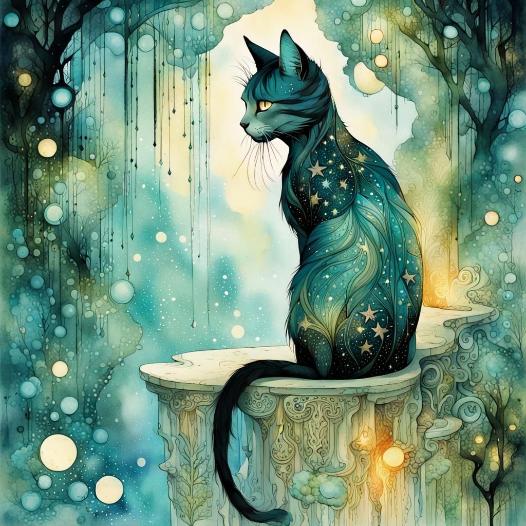 Cyan Star Cat Fairytale: Digital Watercolor Illustration