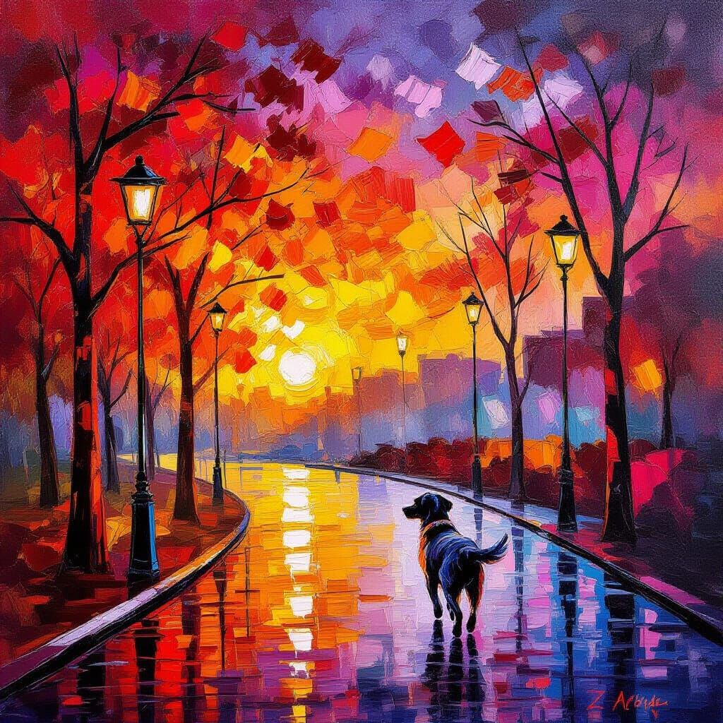 Abstract Urban Park Sunset with Dog in Mixed Style