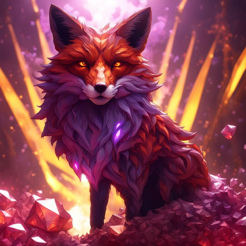 Fox with Crimson Crystal in Dark Fantasy Style