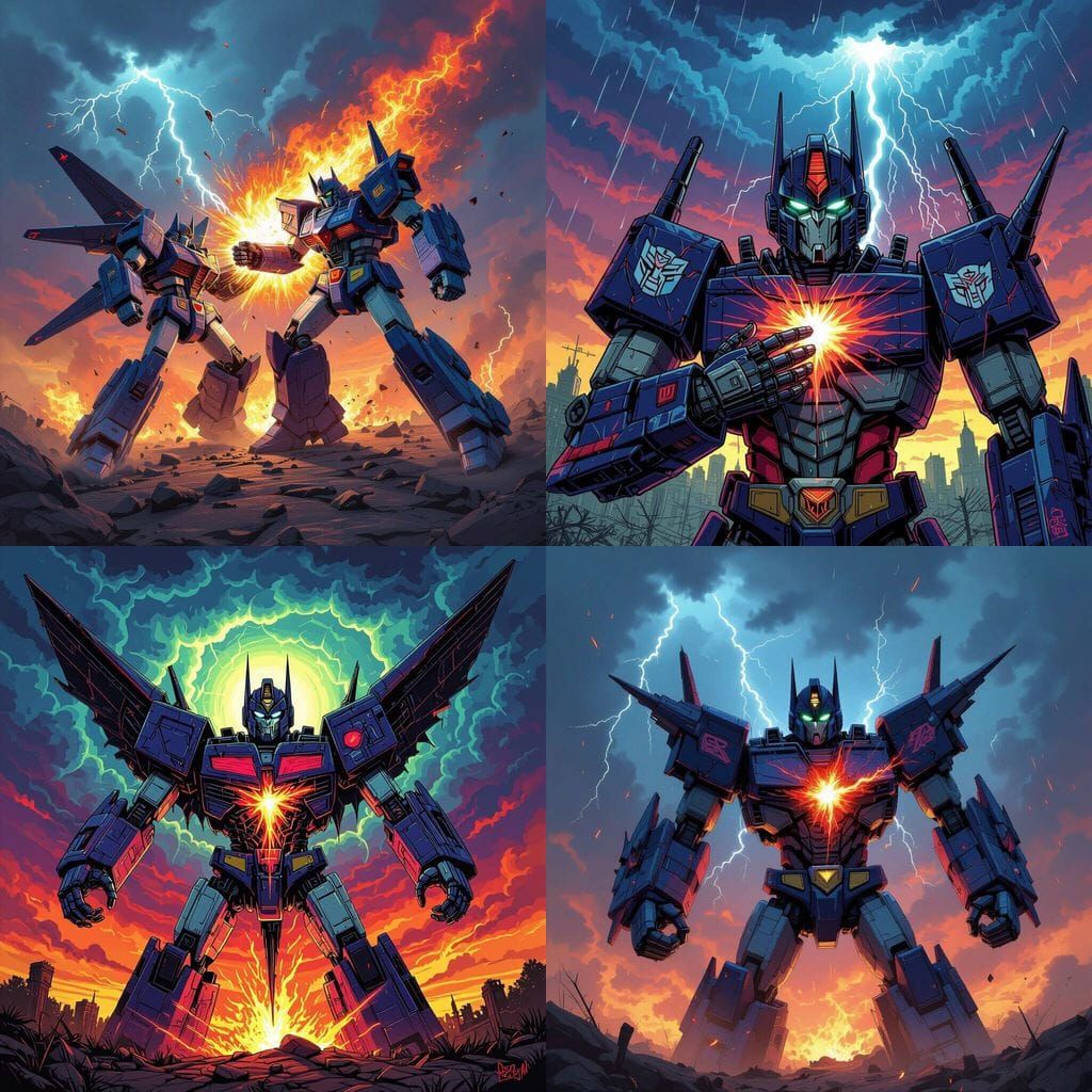 Starscream's Victory Over Megatron in Psychedelic Art Style