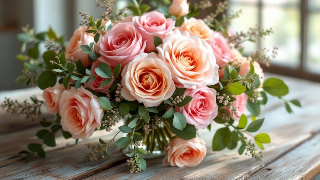 Lush Garden Rose Bouquet on Rustic Table, Photorealistic