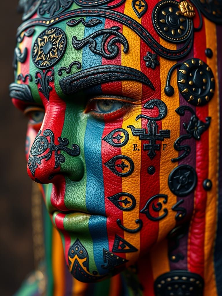 A close-up of a full face covered with richly detailed leath...