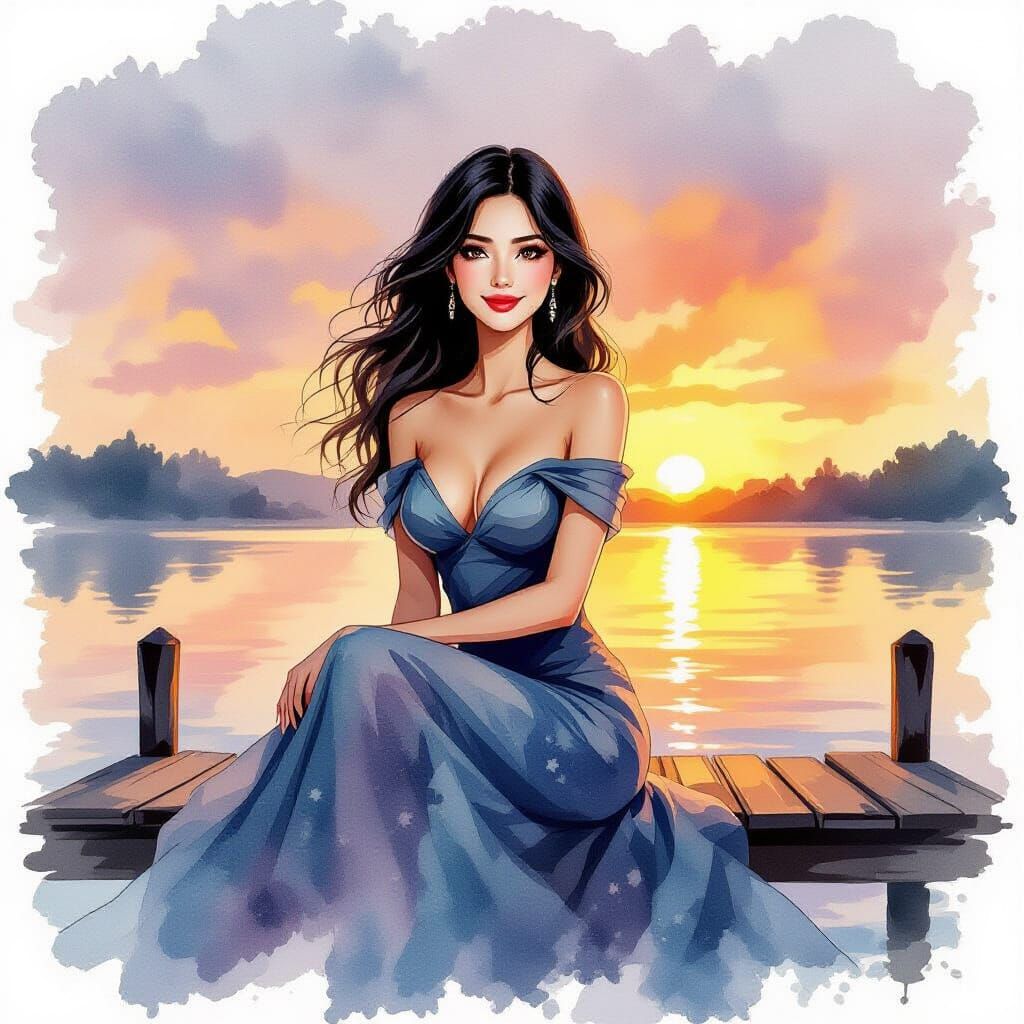 Woman on Dock at Dawn in Watercolor Style