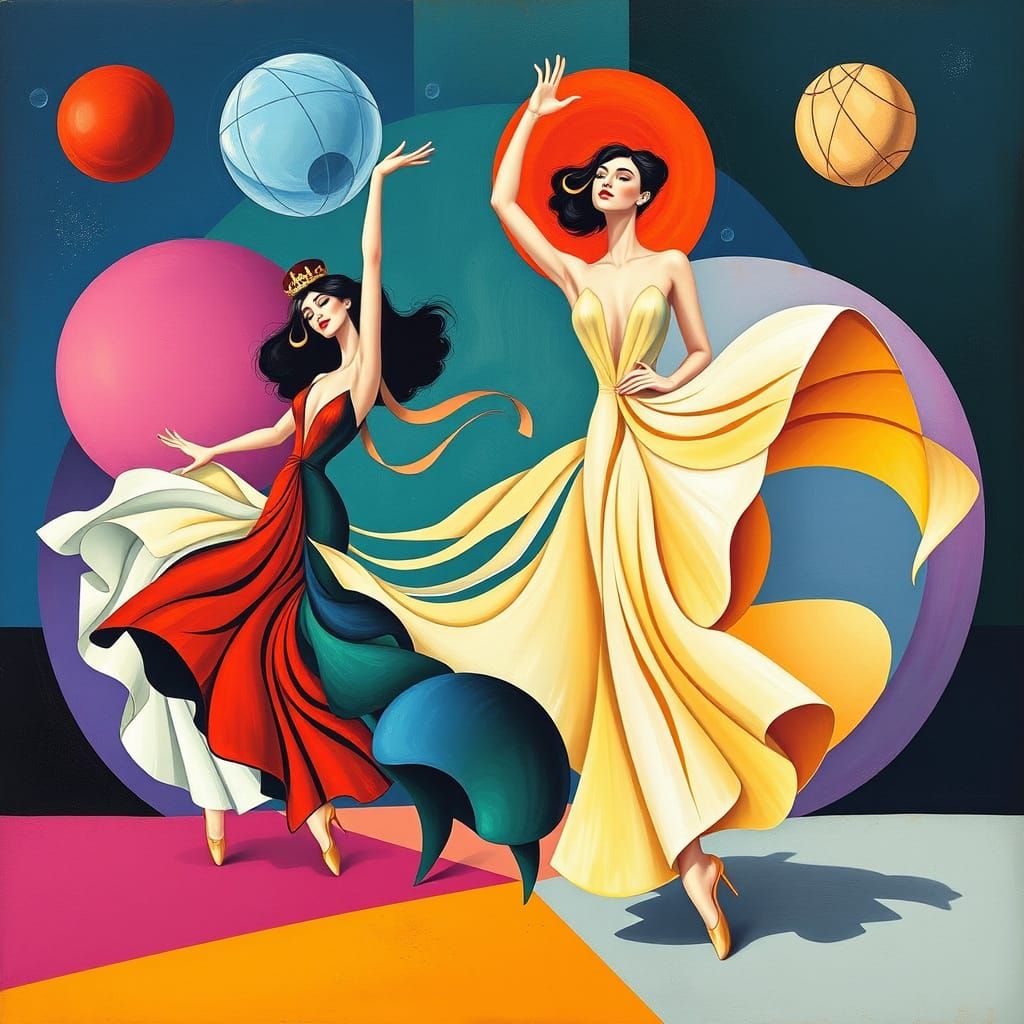 Elegant Dancers in Surrealist Abstract Setting