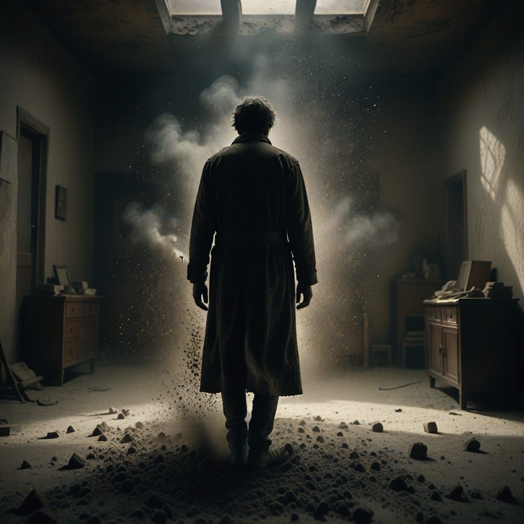 Figure of Ash and Dust Eroding in Dramatic Light