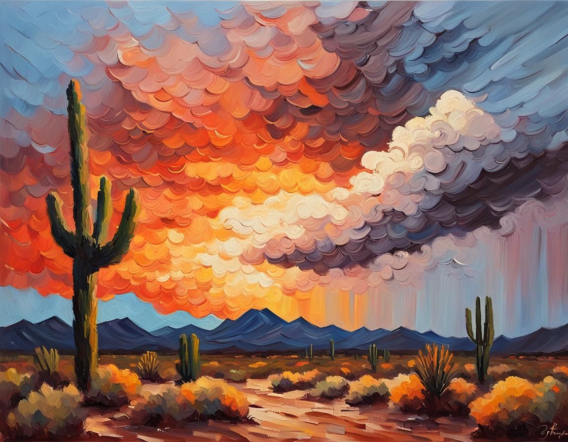 Desert Thunderstorm Sunset: Impasto Painting