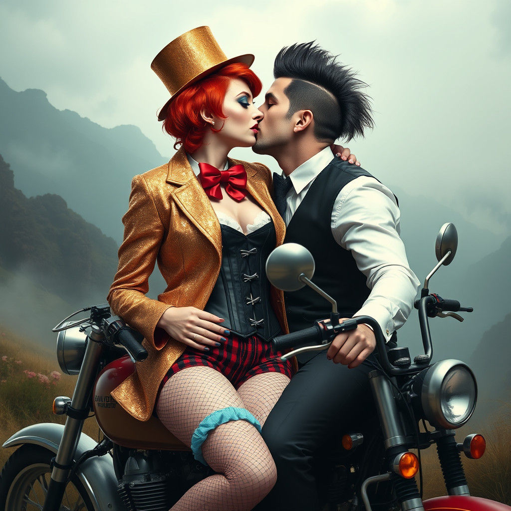 Woman with Red Hair and Mullet Man Kissing