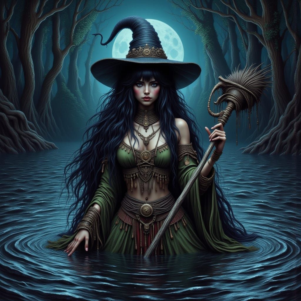 Mysterious River Witch Under Moonlit Night