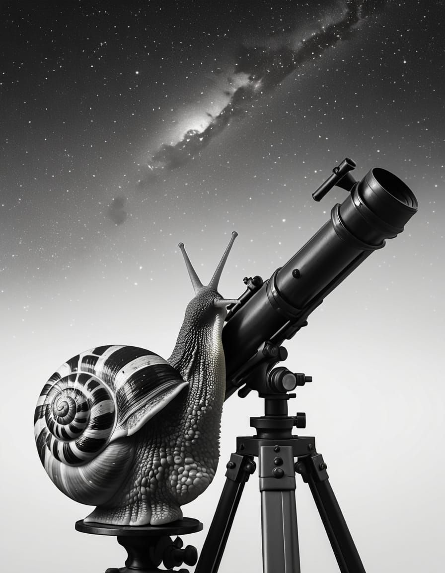 Snail Gazing at Stars Through Telescope: Black and White