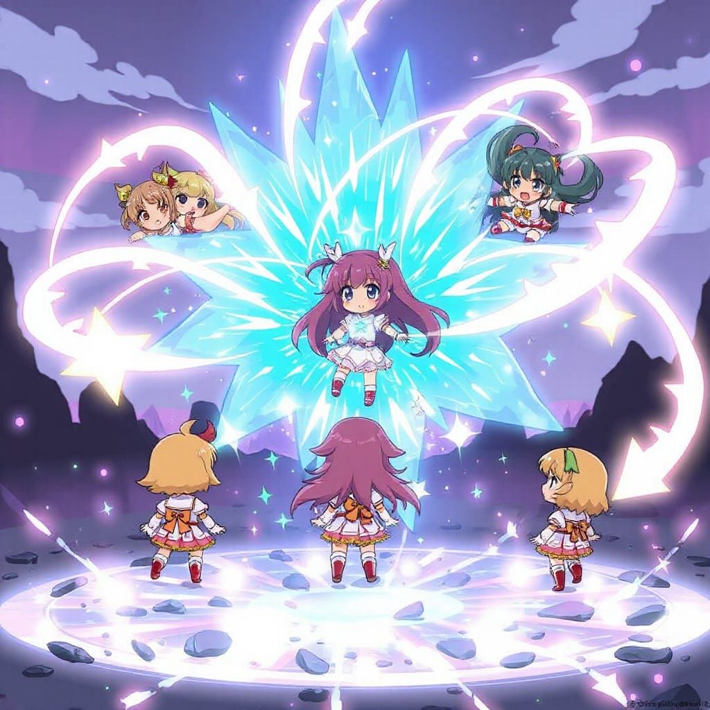 Magical Girls Transform Amidst Swirling Light