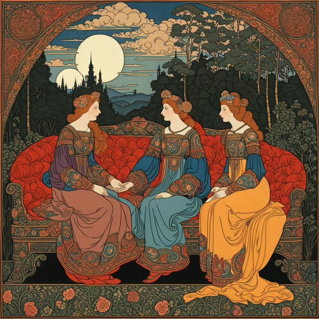 Women on Couch in Bilibin-Inspired Illustration