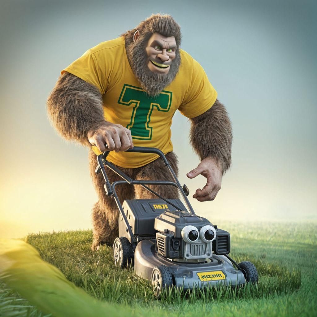Comic Sasquatch Mowing Lawn in 3D Rendering