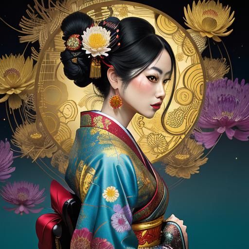 Geisha Portrait with Mirrored Reflection in Dark Fantasy Sty...