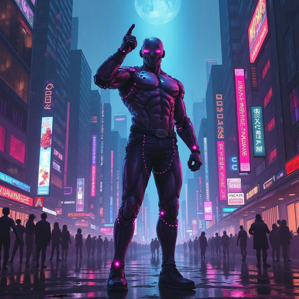 Triumphant Cyberpunk Warrior in Neon-Lit Cityscape